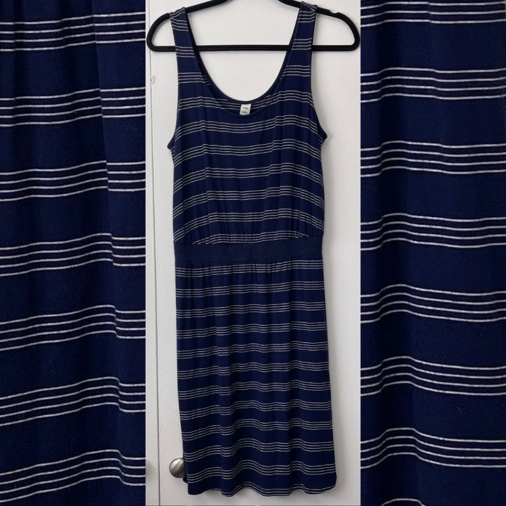 Old Navy blue and white striped tank dress with smocked waist